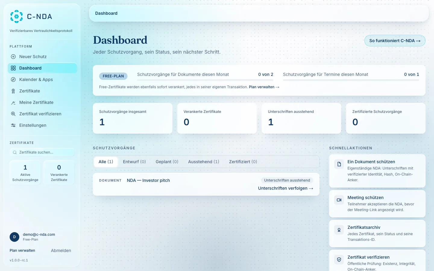 Das echte C-NDA-Dashboard: Schutzmaßnahmen, verankerte Zertifikate und Nachweis-Repository