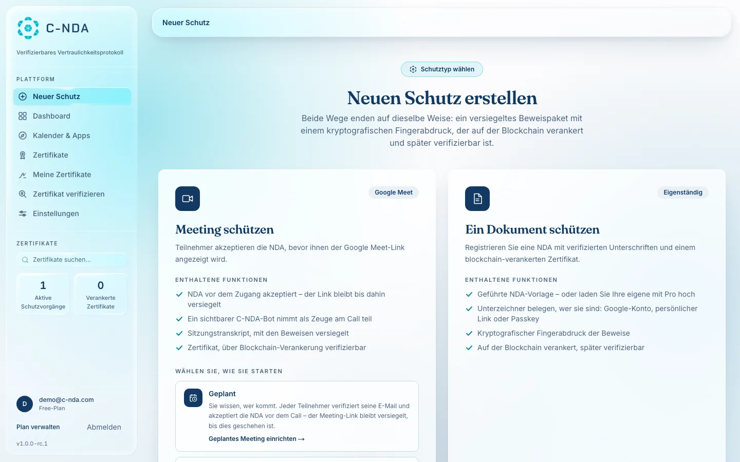 Auswahl einer Schutzmaßnahme in der echten C-NDA-App: ein Meeting oder ein Dokument schützen