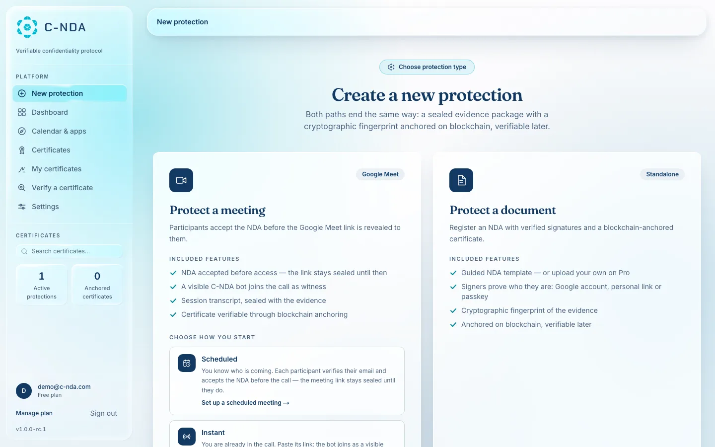 Choosing a protection in the real C-NDA app: protect a meeting or a document
