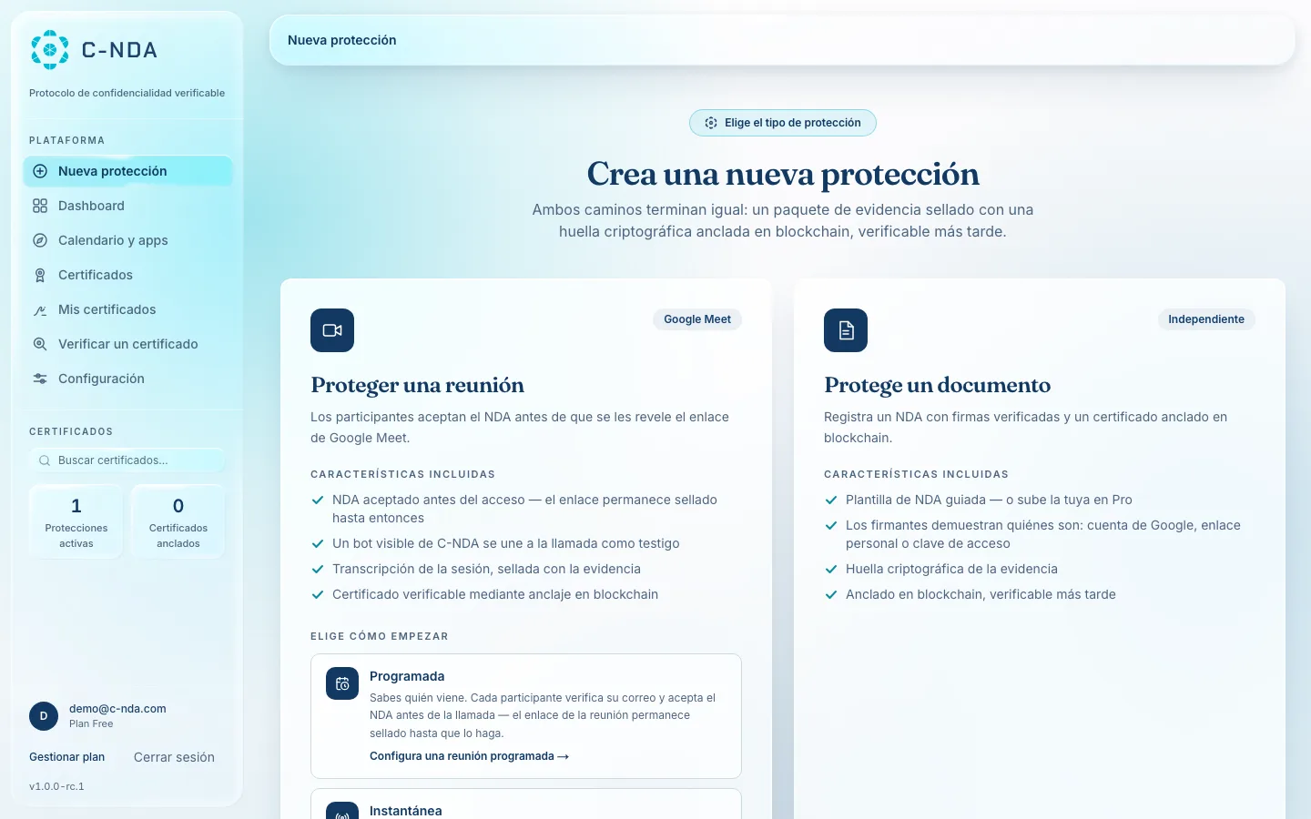 Elegir una protección en la app real de C-NDA: proteger una reunión o un documento