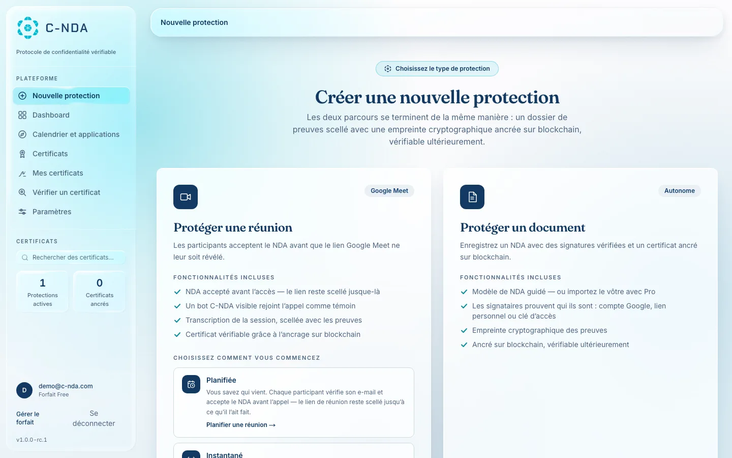 Choix d'une protection dans l'application C-NDA réelle : protéger une réunion ou un document