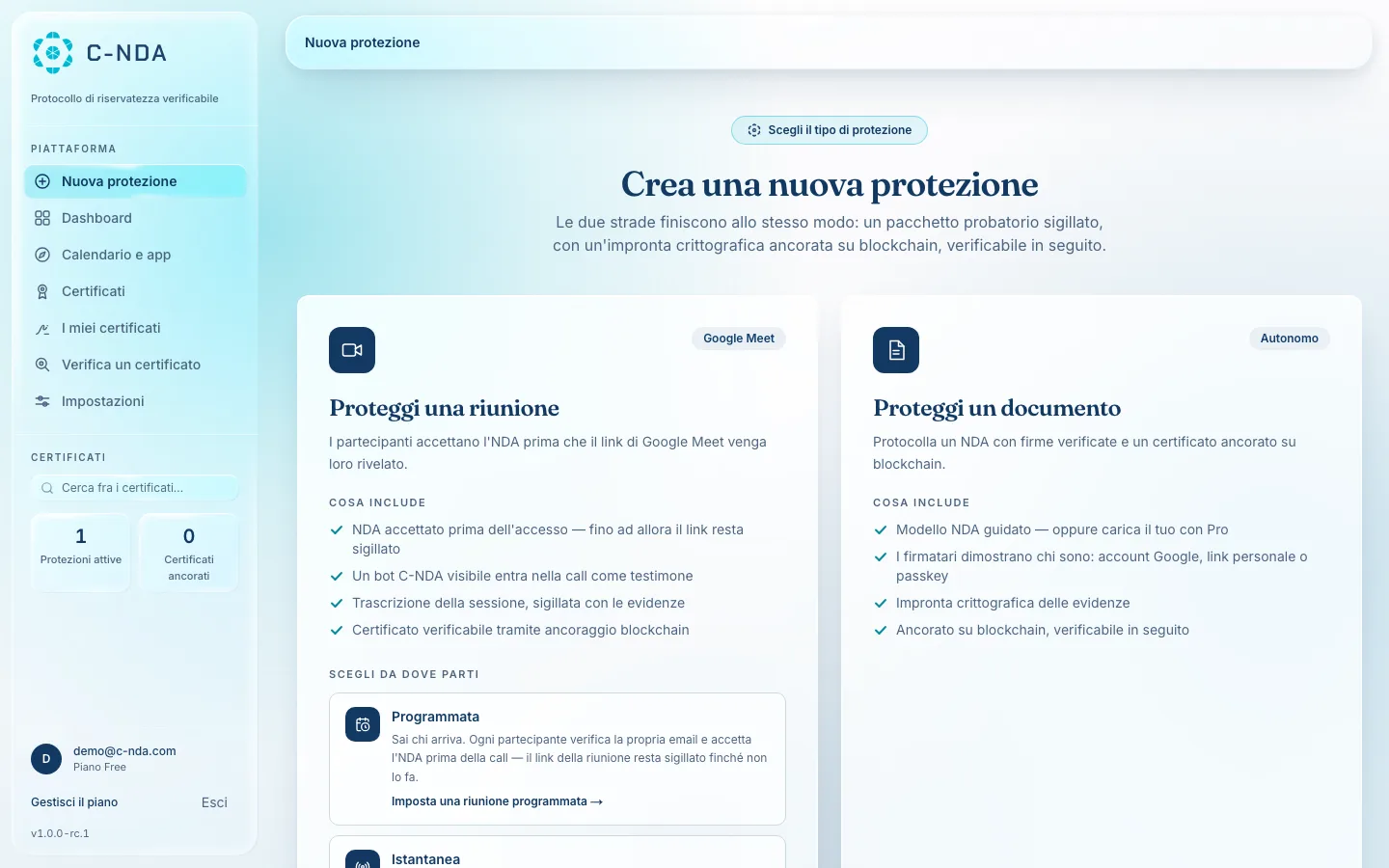 La scelta della protezione nell'app reale di C-NDA: proteggi una riunione o un documento